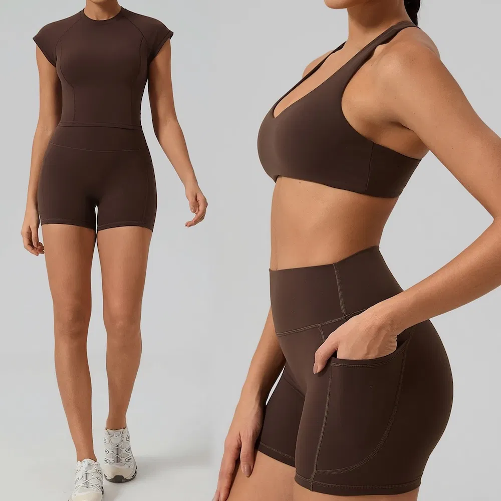 أحدث 2/3PCS ملابس رياضية مرنة ممتازة للنساء، تي شيرت مق cropped + حمالة صدر رياضية ذات ظهر Racer + شورتات تمارين مع جيوب جانبية روبا دي يوغا عالية الجودة