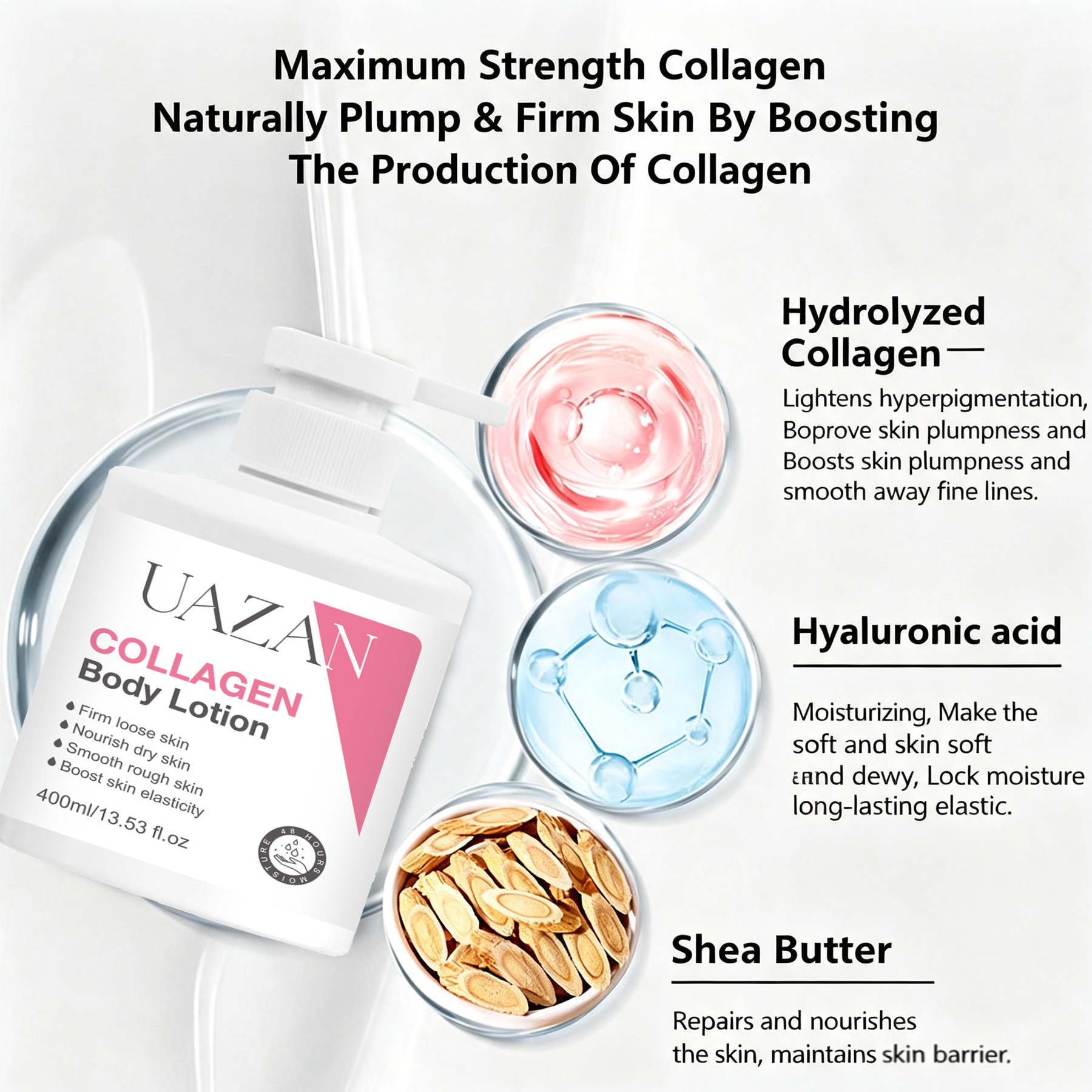 Wholesale OEM Collagen Shea Butter Coconut Oil Nourishing Anti-Aging Brightening Organic Vegan Whitening Body Lotion 400ml