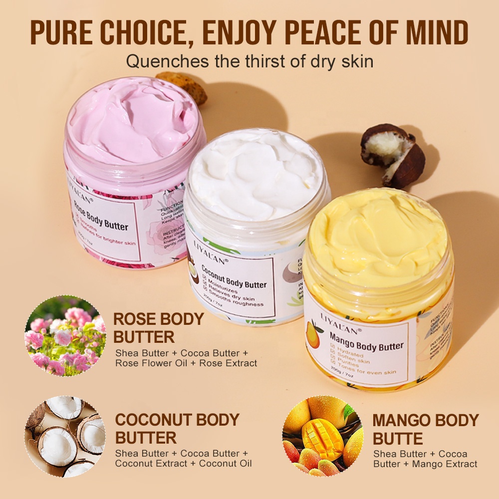 Wholesale Private Label Non-greasy Skin Care Cream Vegan Organic Rose Coconut Mango Shea Body Butter
