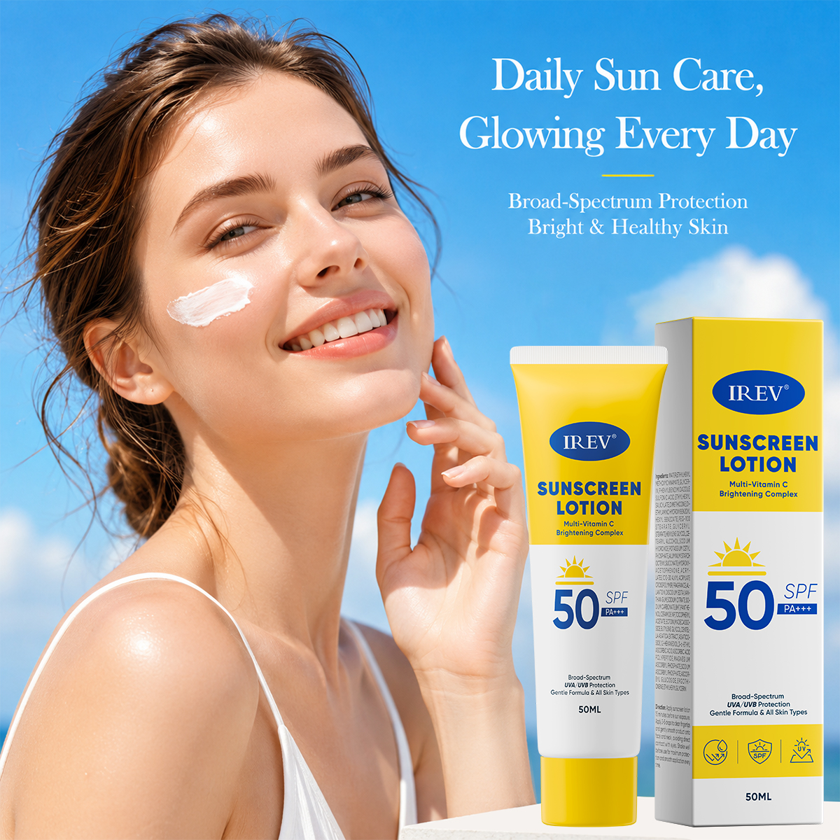 IREV OEM Multivitamin C Brightening Sunscreen Lotion For Face&amp;Body SPF50 Broad-Spectrum Uv Protection Gentle Formula Sunscreen