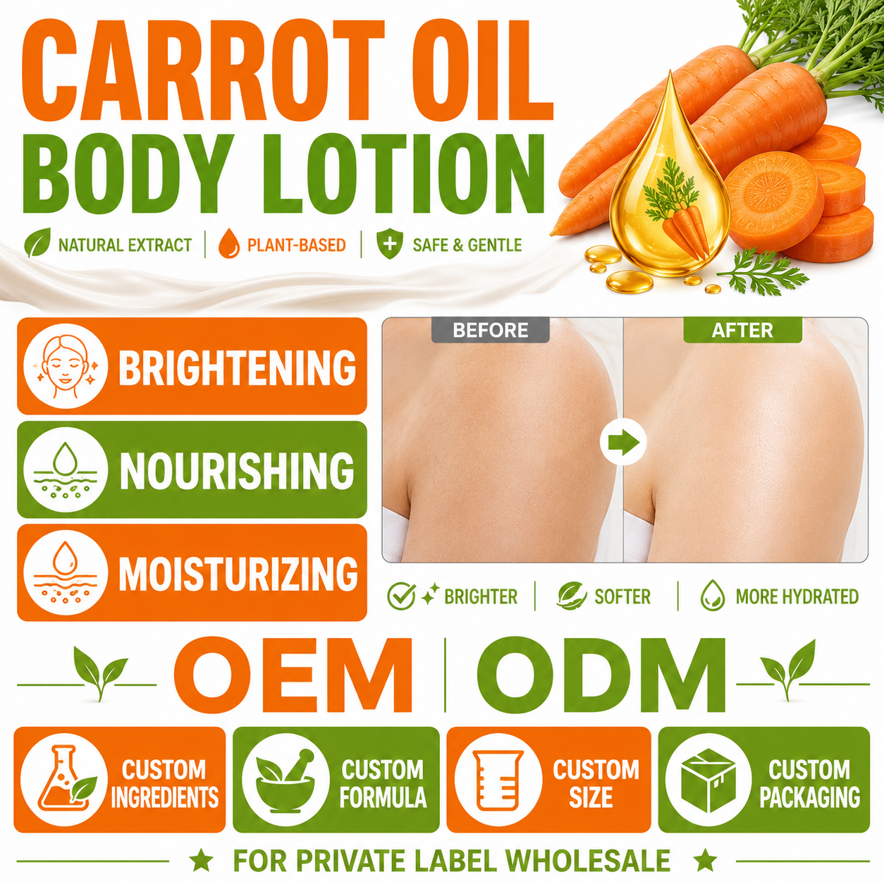 Natural Private Label 500ml Carrot Oil Body Lotion Moisturizing Brightening Firming Skin Care Wholesale OEM ODM