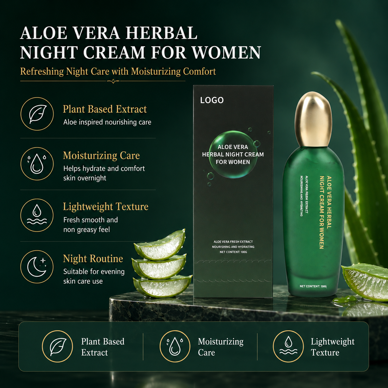 High Quality Plant Based Aloe Vera Night Cream, Gentle Soothing Moisturizing Facial Moisturizer Suitable for All Kinds of Skin