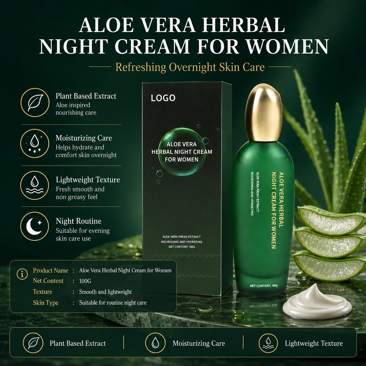 High Quality Plant Based Aloe Vera Night Cream, Gentle Soothing Moisturizing Facial Moisturizer Suitable for All Kinds of Skin