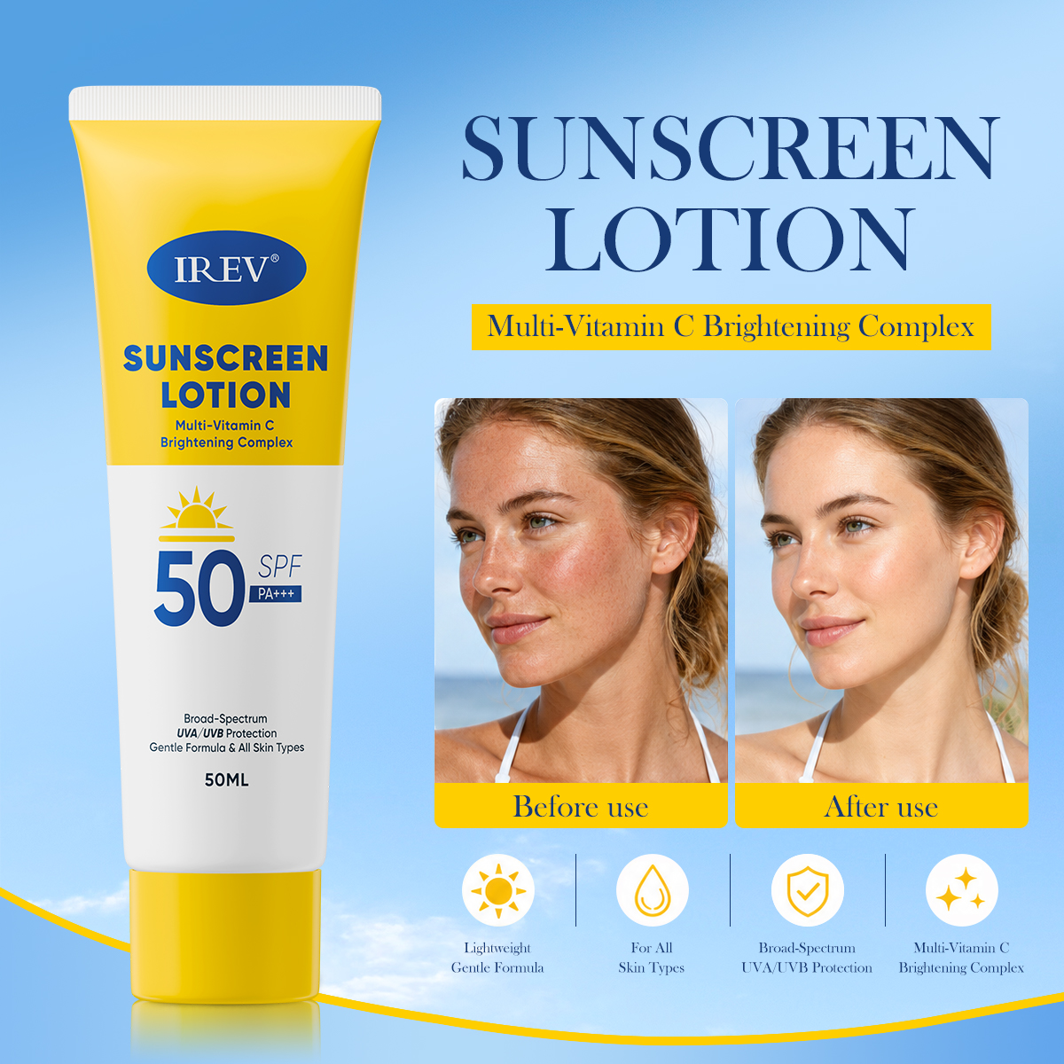 IREV OEM Multivitamin C Brightening Sunscreen Lotion For Face&amp;Body SPF50 Broad-Spectrum Uv Protection Gentle Formula Sunscreen