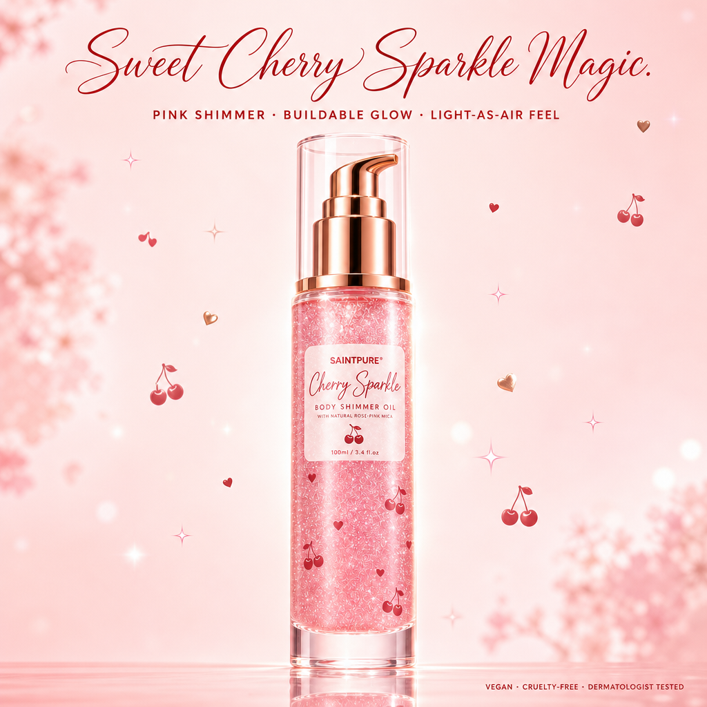 OEM Cherry Sparkle Lightening Body Shimmer Oil Sweet Almond Vanilla Pink Mica Bronzer Vitamin E All Skin Wholesale 50ml Private