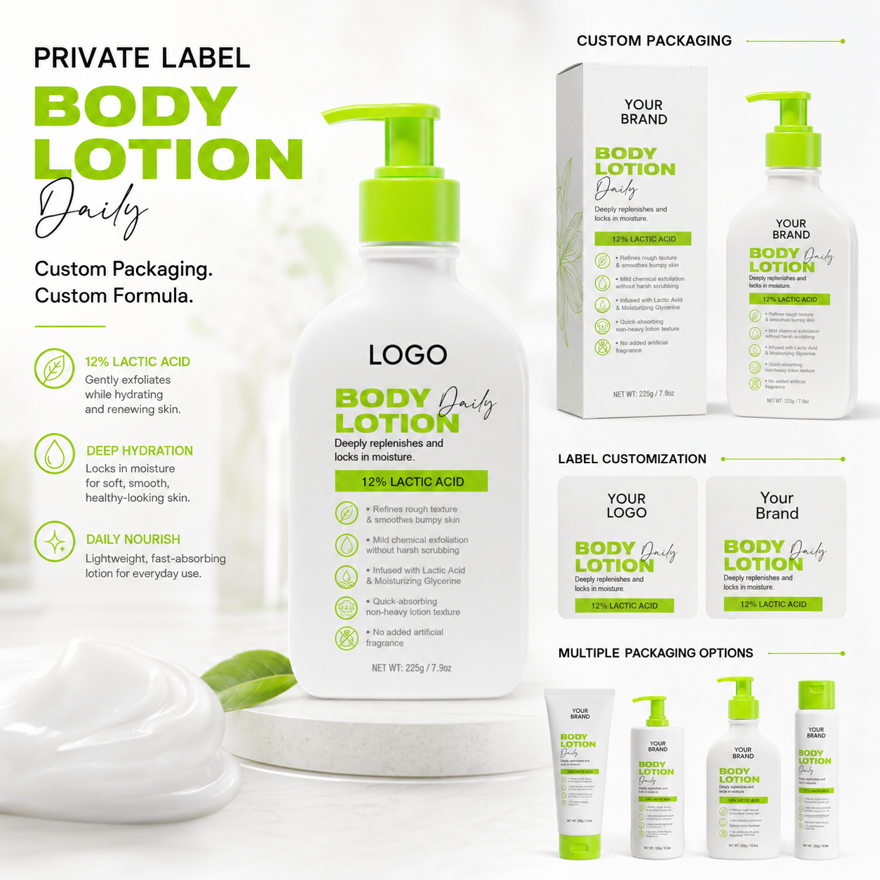 Private Label Smooths Dry Rough Skin Mild Exfoliation Quick Absorbing Lasting Hydration Fragrance Free Lactic Acid Body Lotion