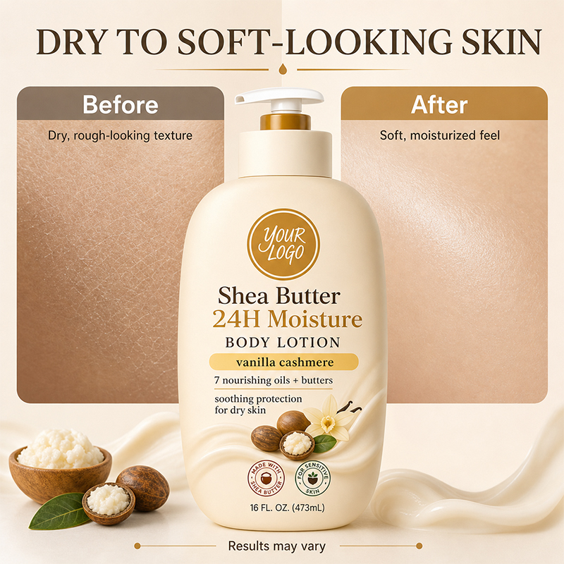 OEM 24H Moisture Softens Dry Skin Fast Absorbing Skin Full of Glowing Non Greasy Formula Vitamin E Vanilla Cashmere Body Lotion