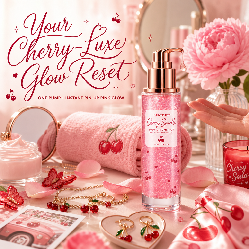 OEM Cherry Sparkle Lightening Body Shimmer Oil Sweet Almond Vanilla Pink Mica Bronzer Vitamin E All Skin Wholesale 50ml Private