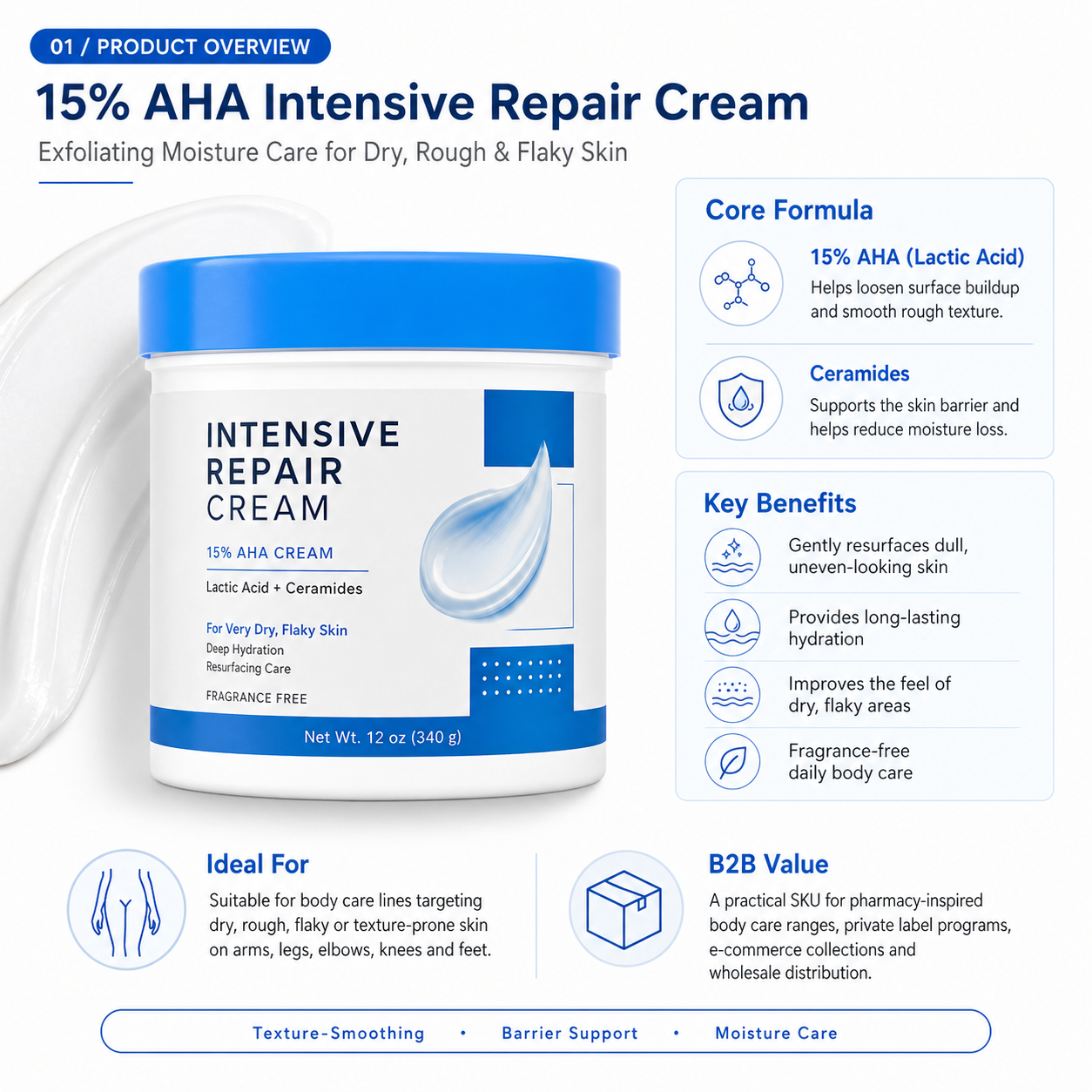 15% Lactic Acid Body Cream | AHA Exfoliating &amp; Moisturizing Cream For Extremely Dry Skin | Ceramide Hydrating Body Care