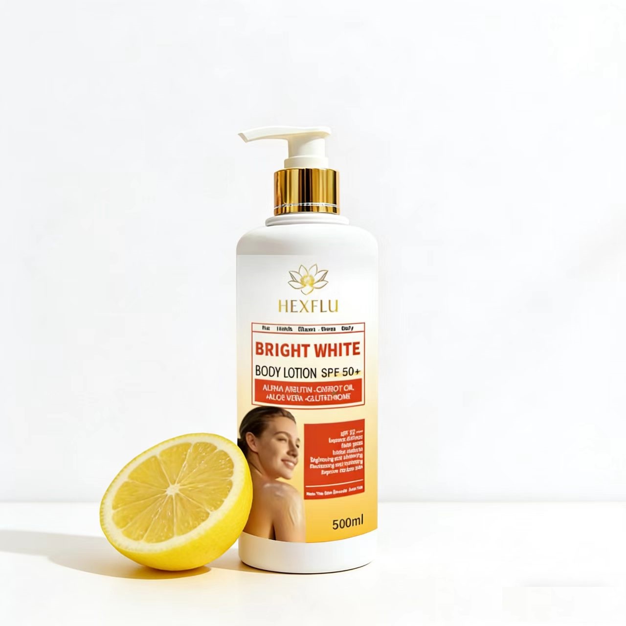 HEXFLU 500ml Bright White Body Lotion SPF50+ | Whitening, Moisturizing &amp; Anti-Aging Formula with Alpha Arbutin &amp; Glutathione