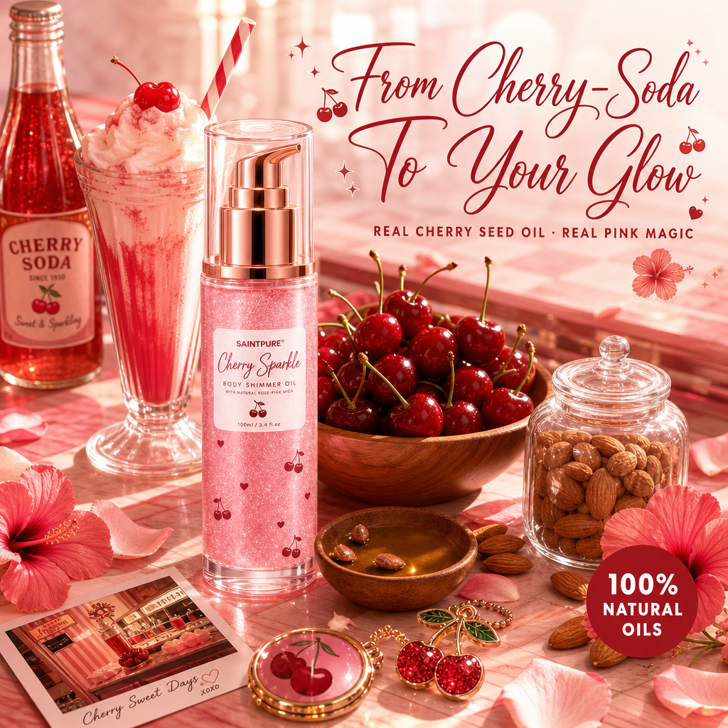 OEM Cherry Sparkle Lightening Body Shimmer Oil Sweet Almond Vanilla Pink Mica Bronzer Vitamin E All Skin Wholesale 50ml Private