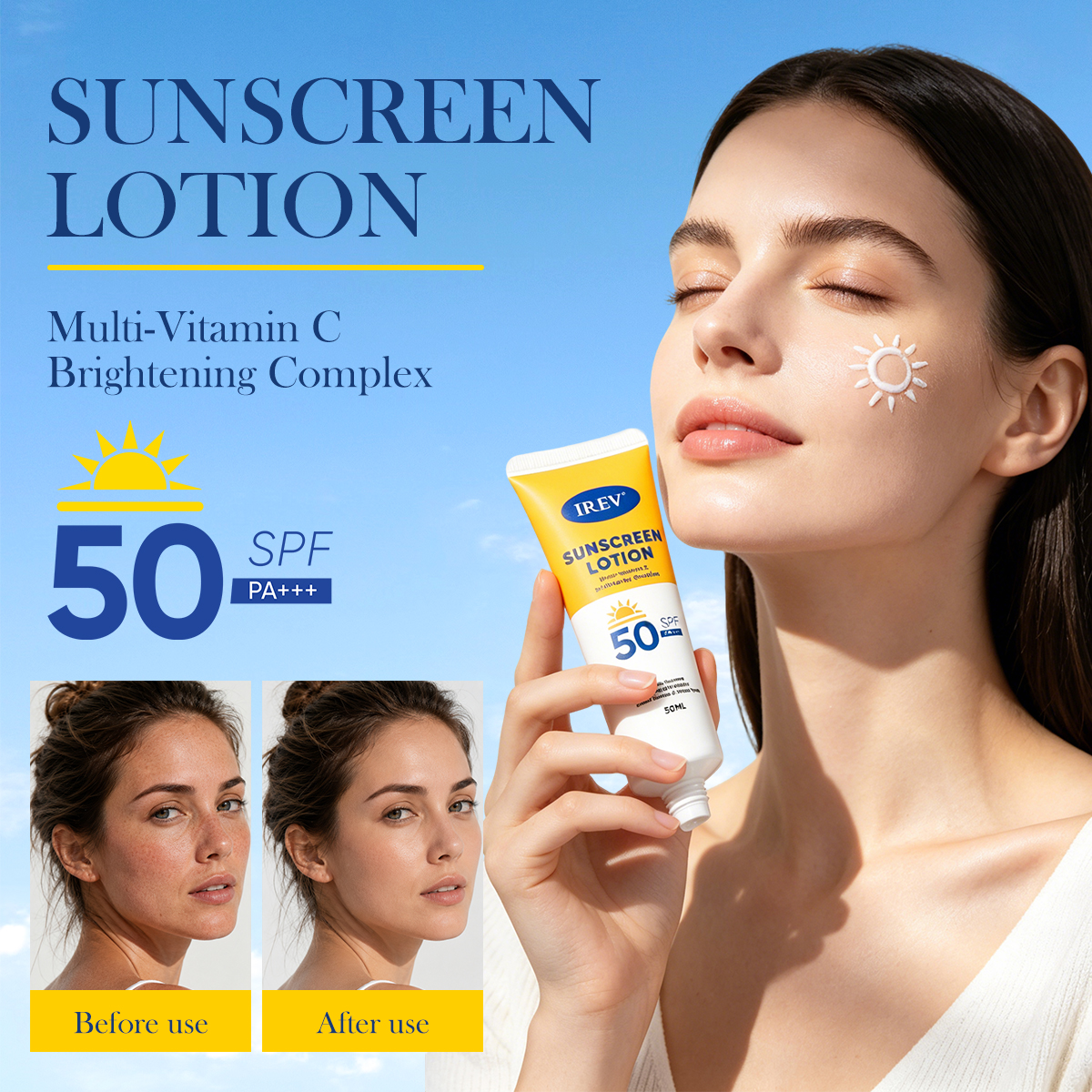 IREV OEM Multivitamin C Brightening Sunscreen Lotion For Face&amp;Body SPF50 Broad-Spectrum Uv Protection Gentle Formula Sunscreen