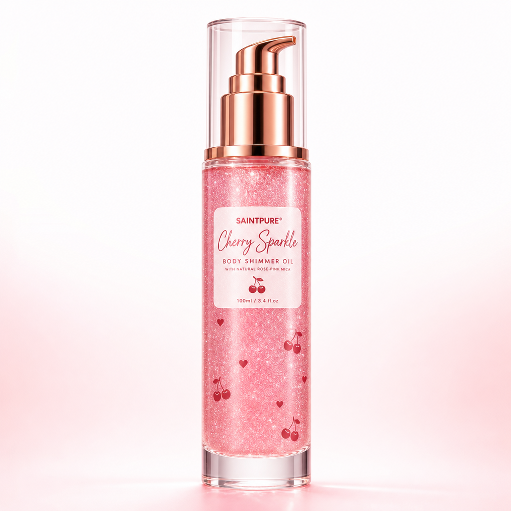 OEM Cherry Sparkle Lightening Body Shimmer Oil Sweet Almond Vanilla Pink Mica Bronzer Vitamin E All Skin Wholesale 50ml Private