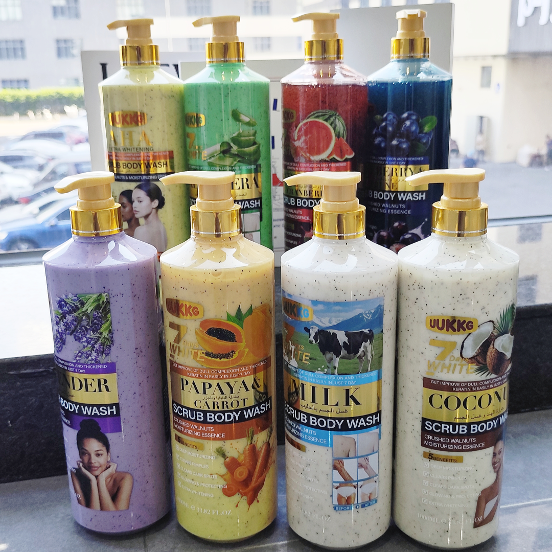 UUKKG 1L Hot Sell AHA Turmeric Goat Milk Whitening Body Wash Natural Vitamin E Anti Aging Renewing Exfoliating Scrub Shower Gel