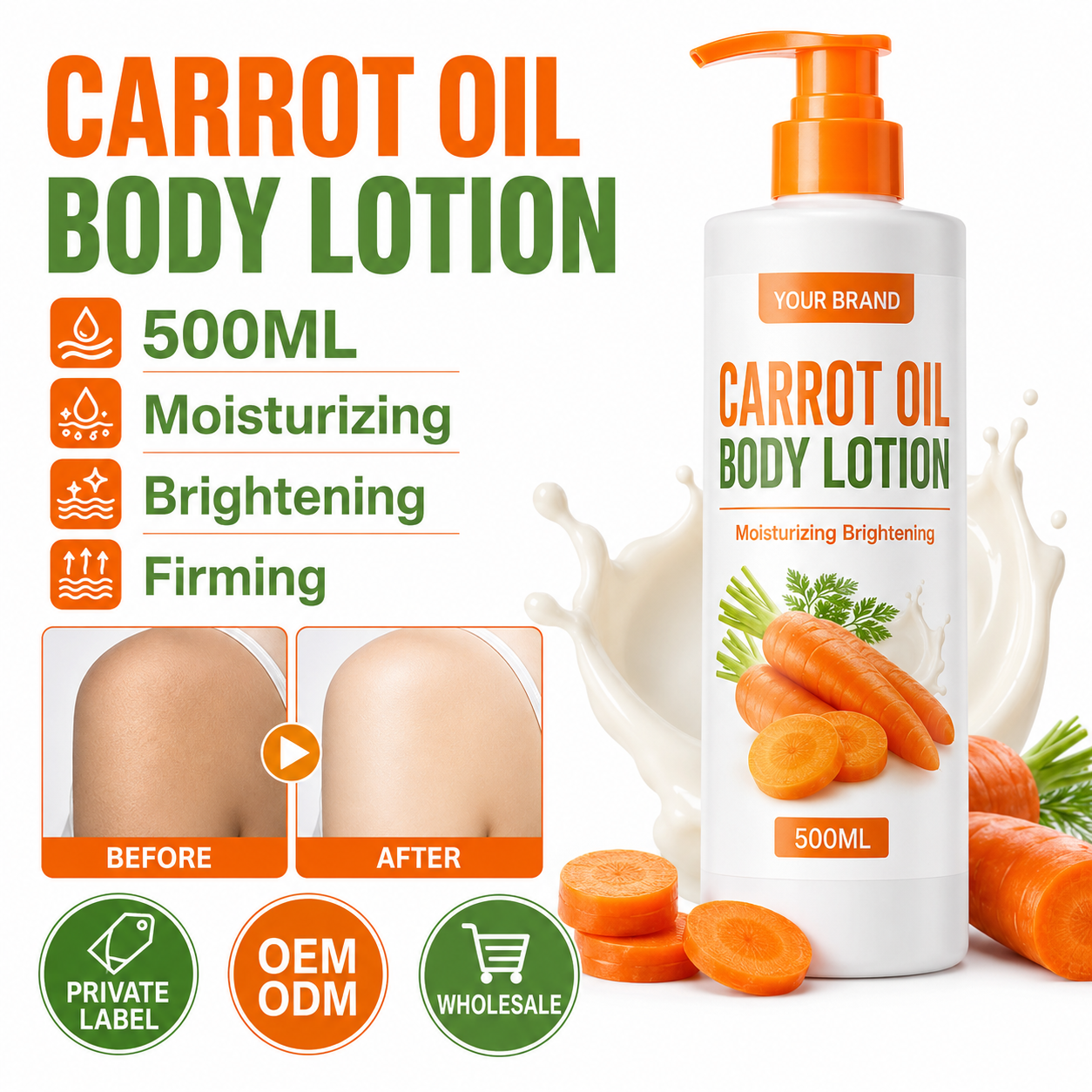 Natural Private Label 500ml Carrot Oil Body Lotion Moisturizing Brightening Firming Skin Care Wholesale OEM ODM