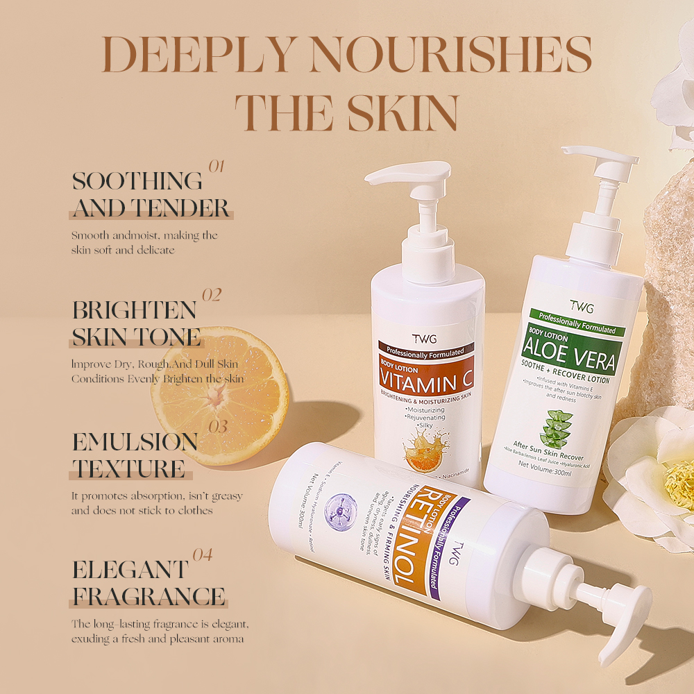 TWG RTS Hot Selling Retinol Collagen Body Lotion Brightening Moisturizing Body Lotion Turmeric Vitamine C Whitening Body Lotion