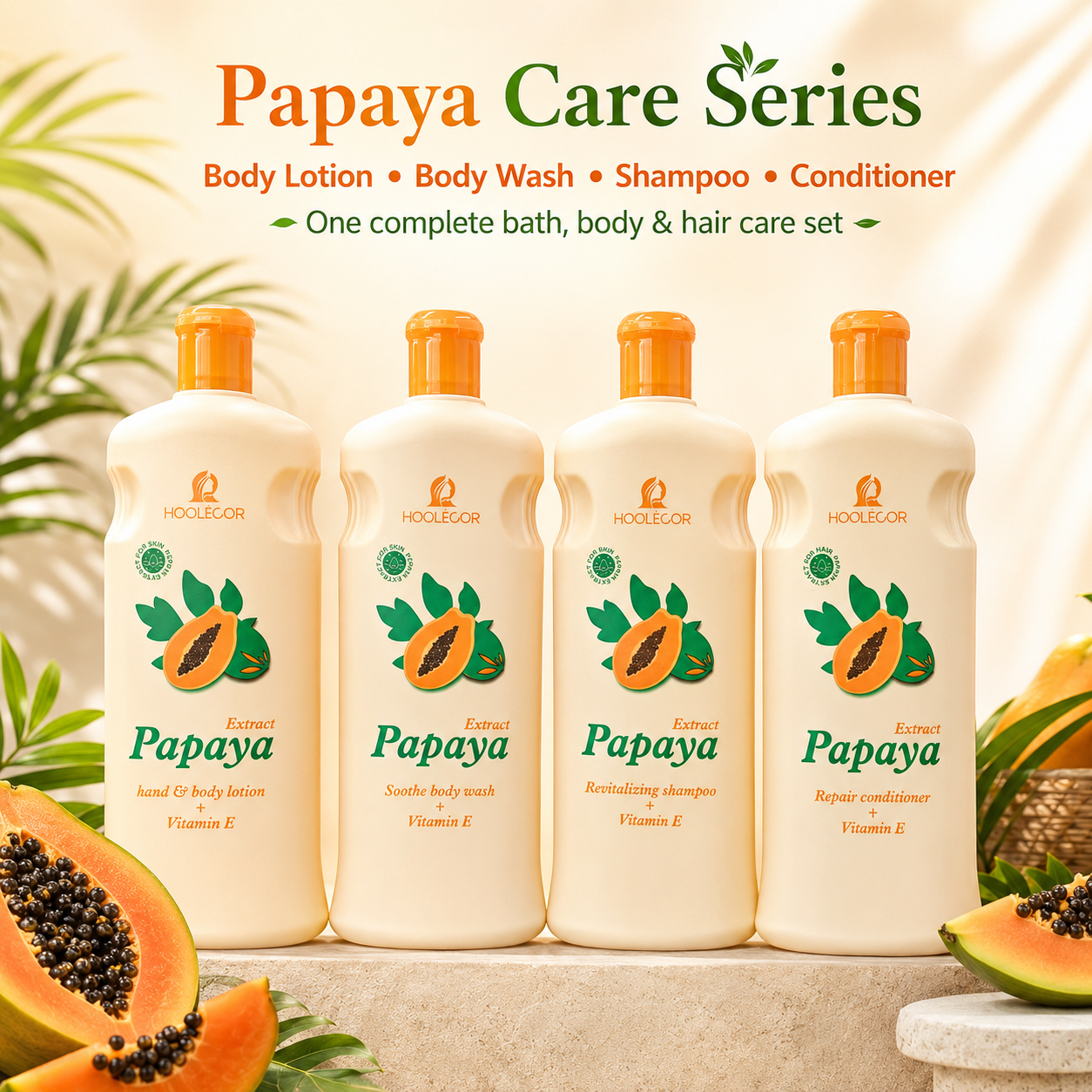 Papaya Extract Vitamin E Body Lotion Body Wash Shampoo Conditioner Set Wholesale Bath Body Hair Care Series Private Label