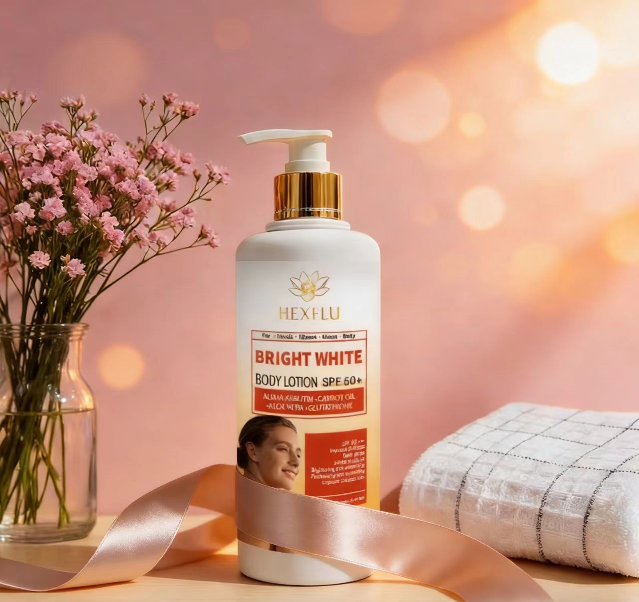 HEXFLU 500ml Bright White Body Lotion SPF50+ | Whitening, Moisturizing &amp; Anti-Aging Formula with Alpha Arbutin &amp; Glutathione