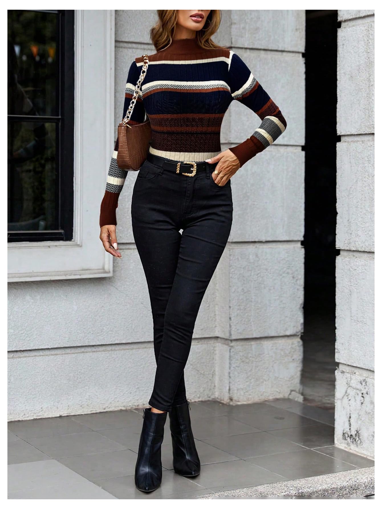 Cheap Floerns Women's Chevron Fall Sweaters Color Block Mock Neck Long Sleeve Knit Old Money Pullover Jumper Supplier, Factory