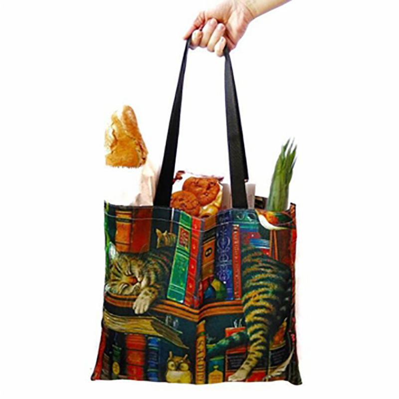Custom Eco-friendly digital printing waterproof cotton and linen oil painting cat cloth bag Manufacturers, Service