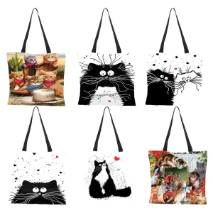Custom Eco-friendly digital printing waterproof cotton and linen oil painting cat cloth bag Manufacturers, Service