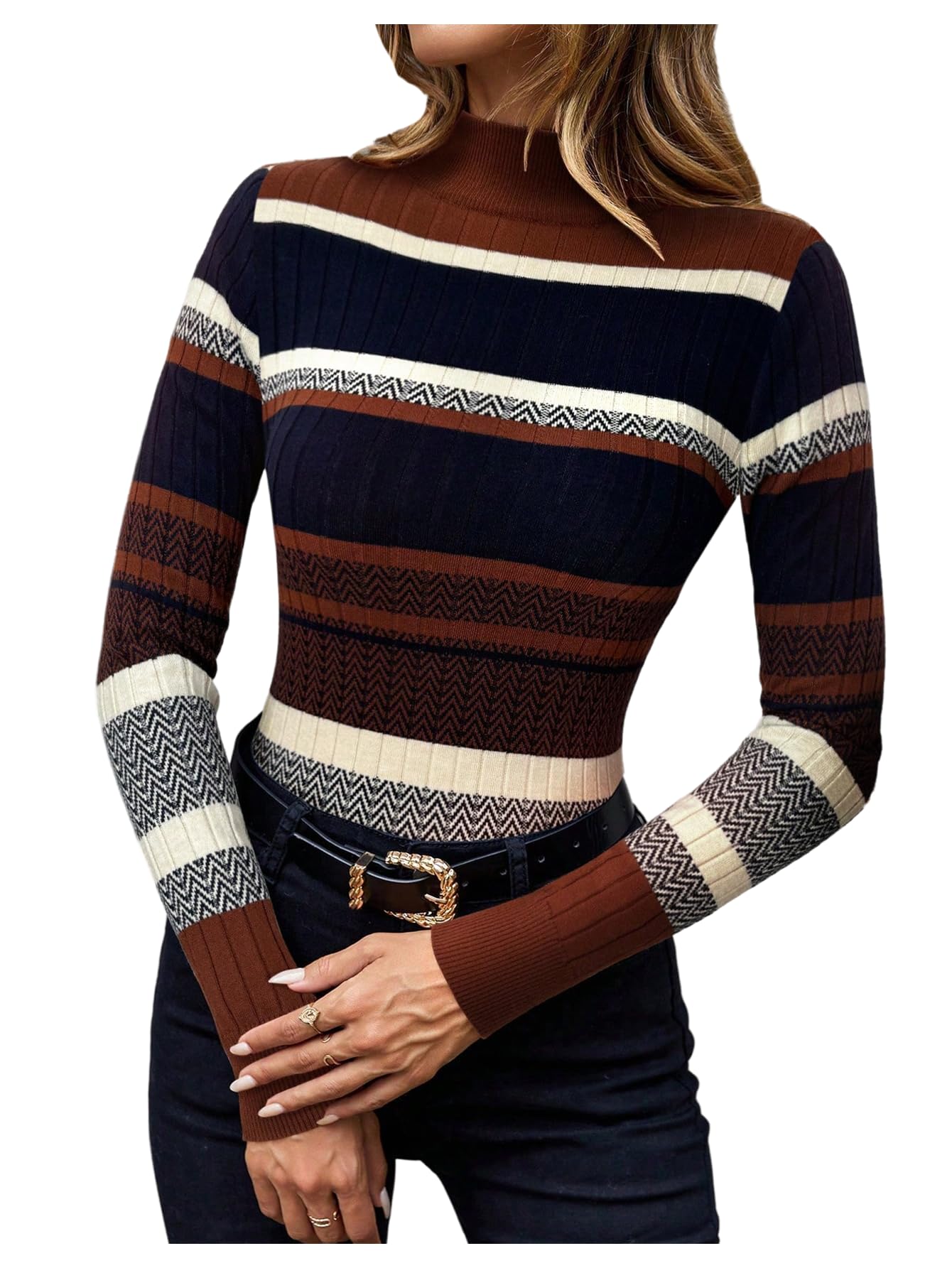 Cheap Floerns Women's Chevron Fall Sweaters Color Block Mock Neck Long Sleeve Knit Old Money Pullover Jumper Supplier, Factory