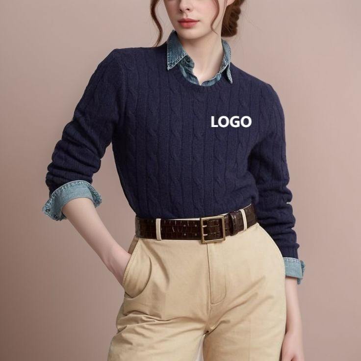 Custom Sample Customization Supplier Custom Women's Cotton Crewneck Sweater Knitted with European Twist Yarn Round Neck Short Women's Sweater Pullover Factory, Companies