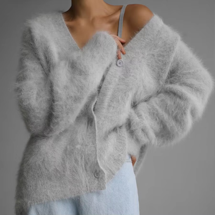 Cheap Women's 2025 Winter Leisure Style Thick V-Neck Cardigan Sweater with Button Front Logo Custom Mohair Knit Loose Fit Suppliers, Exporter