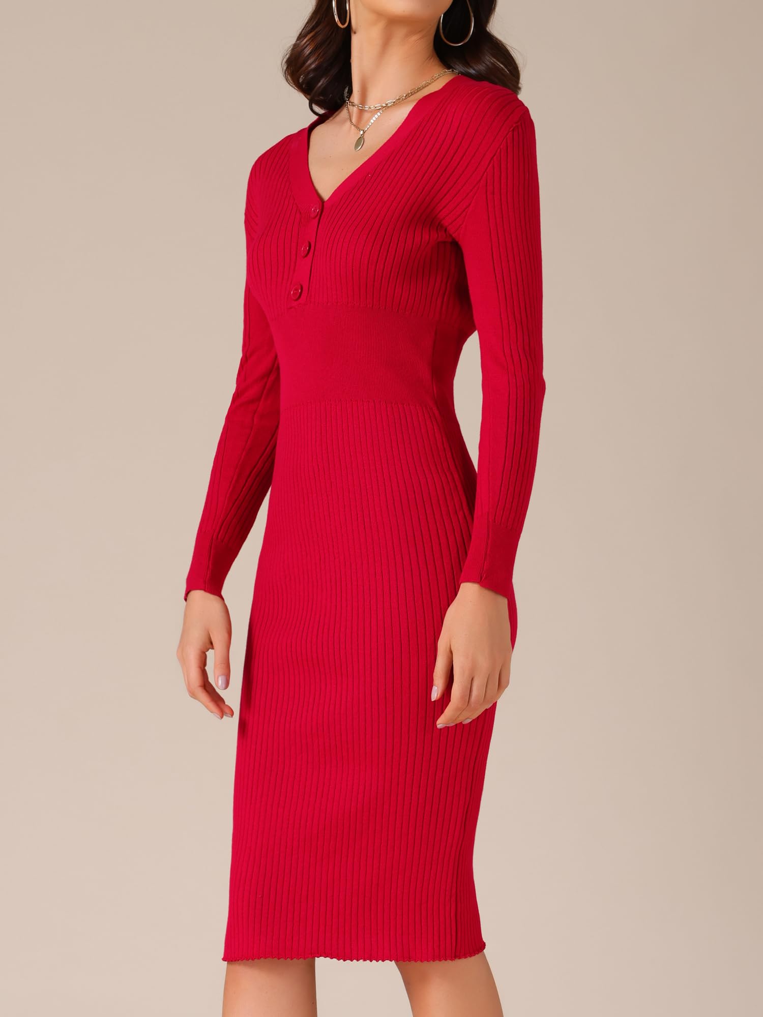Famous Women's Sweater Dress Ribbed Knit V Neck Long Sleeve Bodycon Slim Fitted Elegant Fall Midi Sweater Dress Manufacturer, Factories