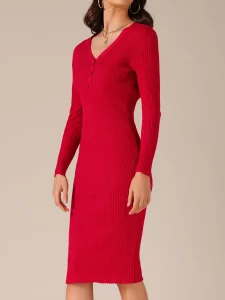 Famous Women's Sweater Dress Ribbed Knit V Neck Long Sleeve Bodycon Slim Fitted Elegant Fall Midi Sweater Dress Manufacturer, Factories