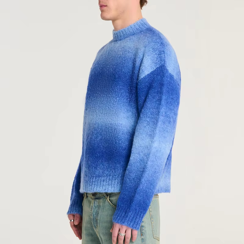 Wholesale Custom LOGO Mohair Sweater Men Long Sleeve Crew Neck Pullover Stripe Knitwear Winter Fuzzy Casual Jumper Mohair Knitted Sweater Supplier, Service