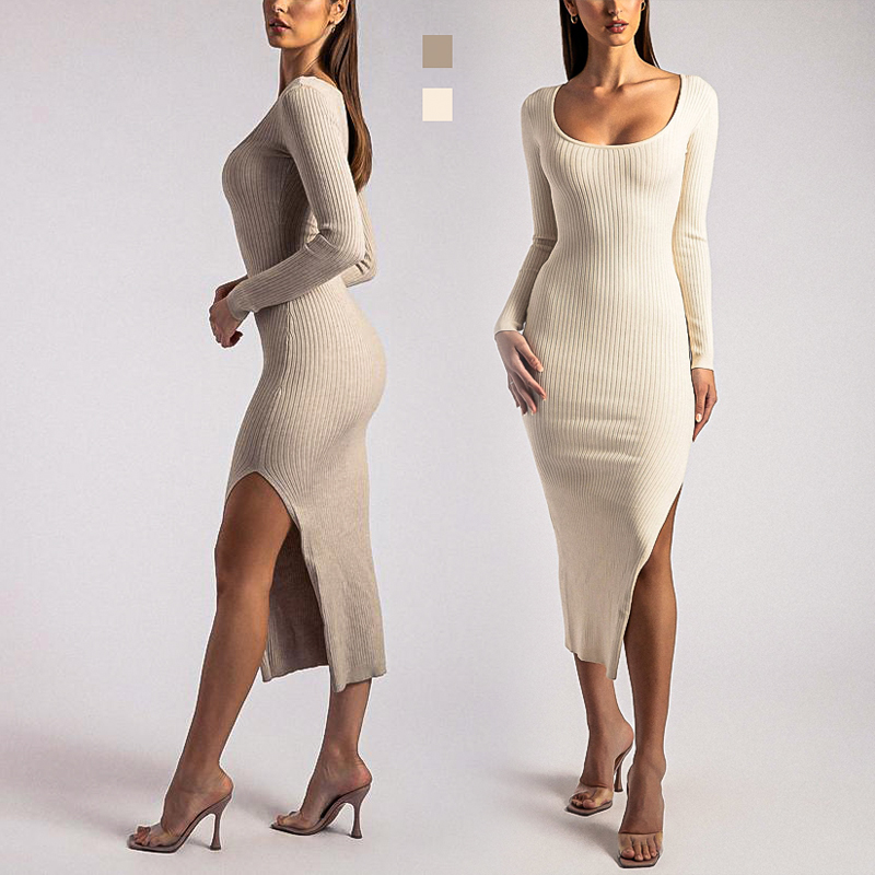 Custom high quality lady long cotton knit elegant sweater dress casual party fall ribbed long sleeve plus size bodycon dress women Factory, Exporters
