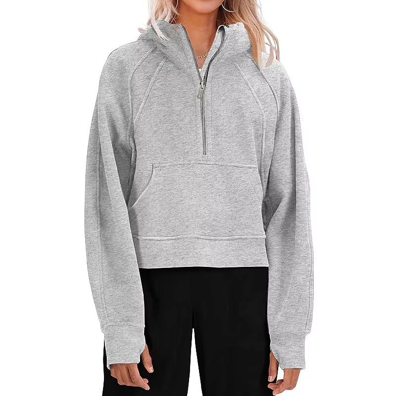 Custom Womens Hooded Pullover Sweatshirts Half Zipper Crop Hoodie Fleece Lined Collar Zip Up Hoodies Cropped Long Sleeve Tops Pricelist, Exporter