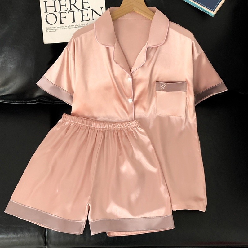 OEM Women's Pajama Sets Ice Silk Short Sleeve And Shorts Solid Color Sweet Temperament Home Clothing Set Pricelist, Exporter