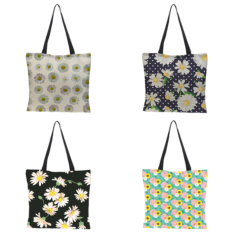 OEM 3D Digital Printing Waterproof Cotton Linen Daisy Printing Eco-friendly Shopping Bag Manufacturer, Product