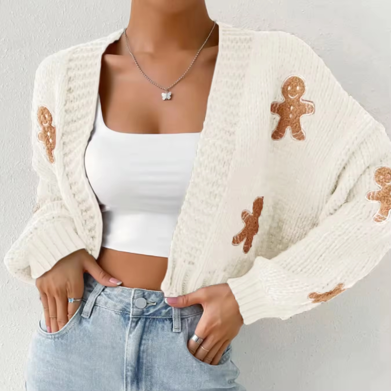 Best Custom autumn new style knitted sweater with cute gingerbread lady pattern, long sleeves, short knitted cardigan for women Exporters, Companies