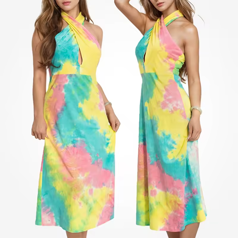 Best Breathable Summer Tie-Dye Bamboo Cotton Bodycon Dress Clothing Halter Neck Sleeveless Women Midi Dresses Manufacturers, Exporters