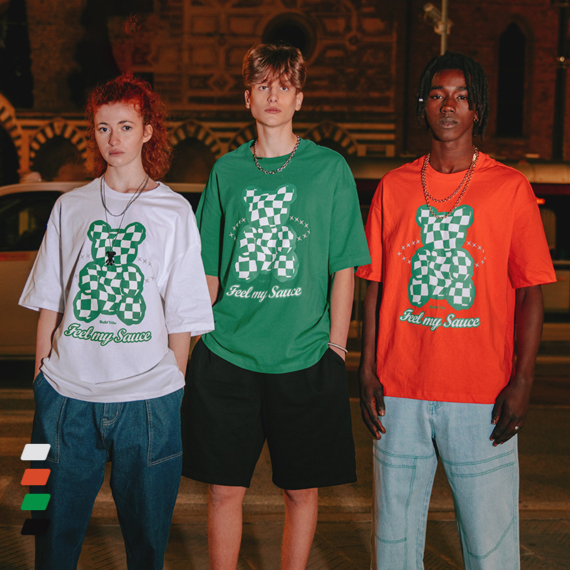 OEM ECOGARMENTS Checkerboard Bear Doll Reflective Star Ring Print Short Sleeve T-Shirt Men Suppliers, Service