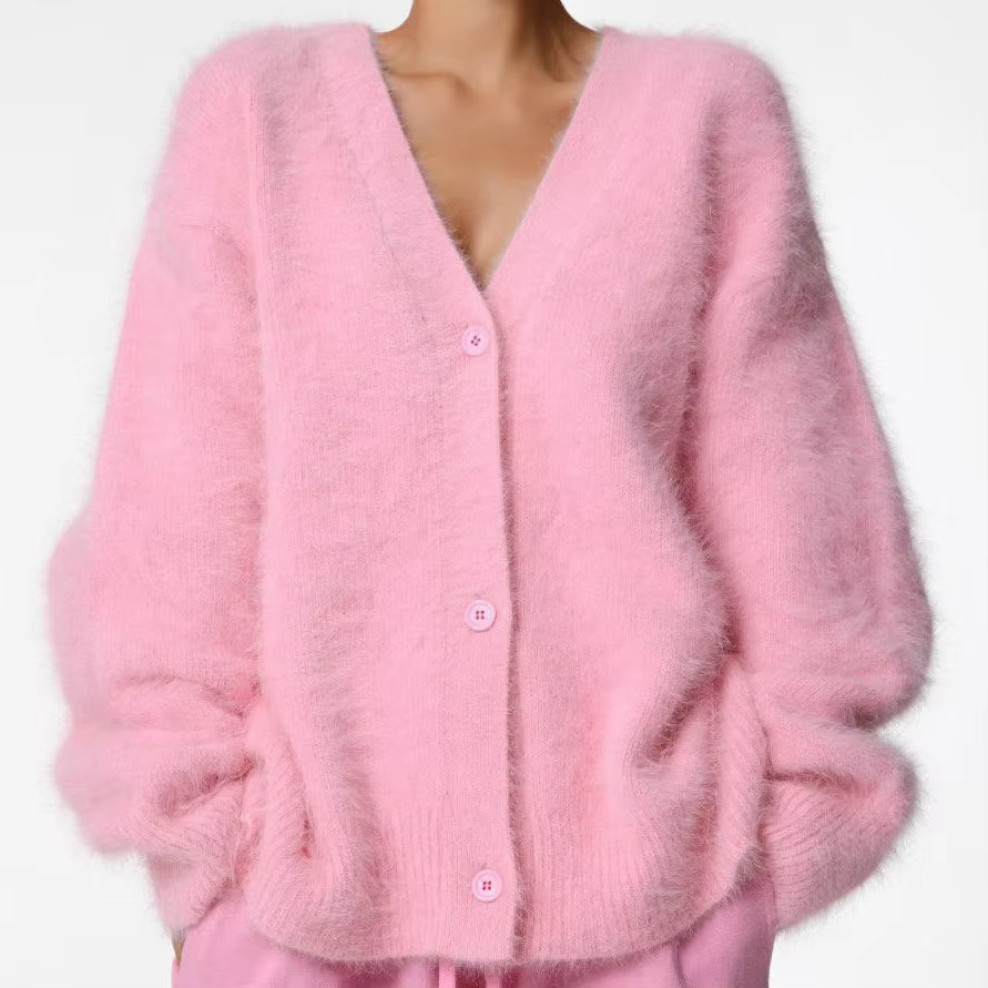 Cheap Women's 2025 Winter Leisure Style Thick V-Neck Cardigan Sweater with Button Front Logo Custom Mohair Knit Loose Fit Suppliers, Exporter
