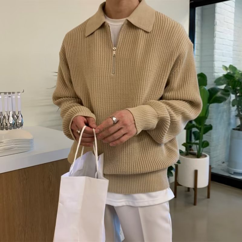High-Quality Half Zipper Sweater Men Autumn Winter Style Japanese Retro High-End Lazy Style Lapel Sweater Loose Casual Sweater Suppliers, Product