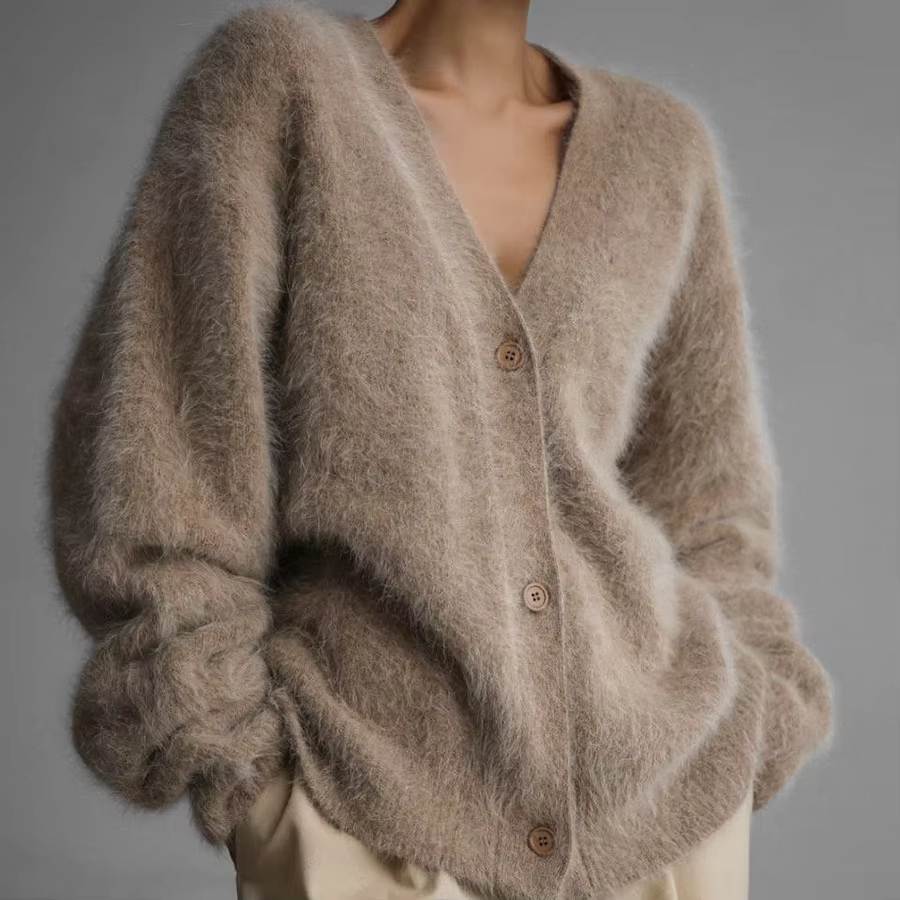 Cheap Women's 2025 Winter Leisure Style Thick V-Neck Cardigan Sweater with Button Front Logo Custom Mohair Knit Loose Fit Suppliers, Exporter