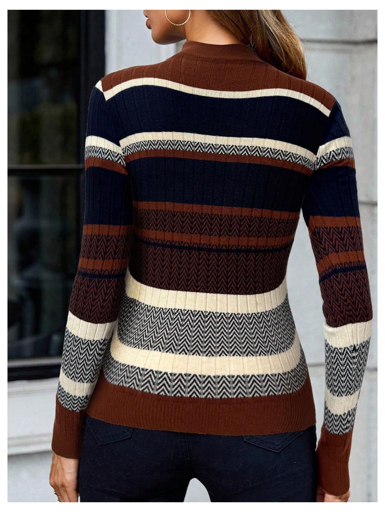 Cheap Floerns Women's Chevron Fall Sweaters Color Block Mock Neck Long Sleeve Knit Old Money Pullover Jumper Supplier, Factory