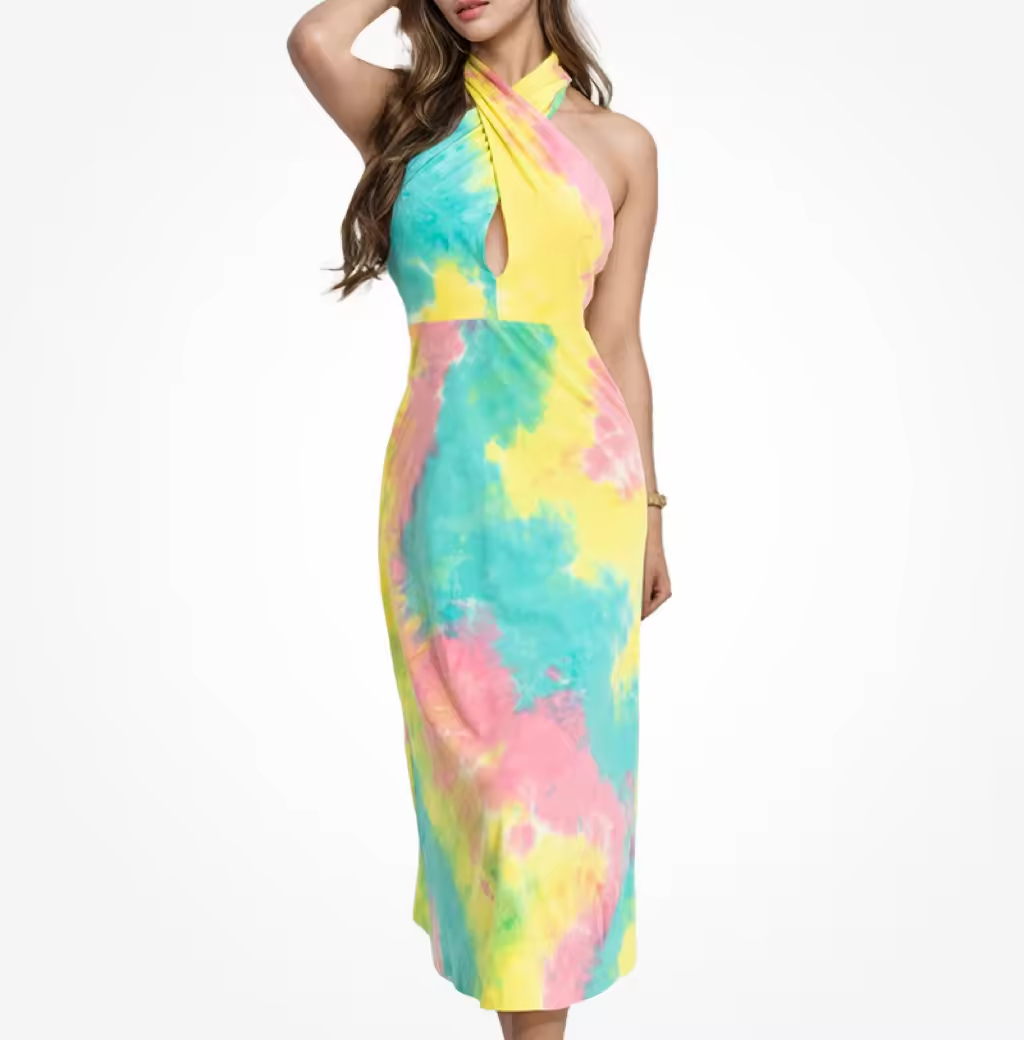 Best Breathable Summer Tie-Dye Bamboo Cotton Bodycon Dress Clothing Halter Neck Sleeveless Women Midi Dresses Manufacturers, Exporters
