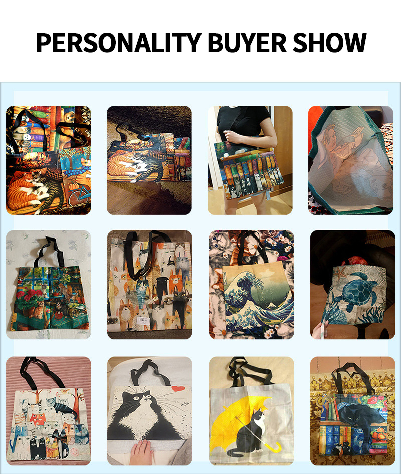 Custom Oil painting cat print cotton and linen ladies handbag Factories, Exporters