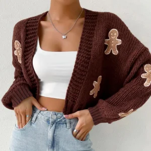 Best Custom autumn new style knitted sweater with cute gingerbread lady pattern, long sleeves, short knitted cardigan for women Exporters, Companies
