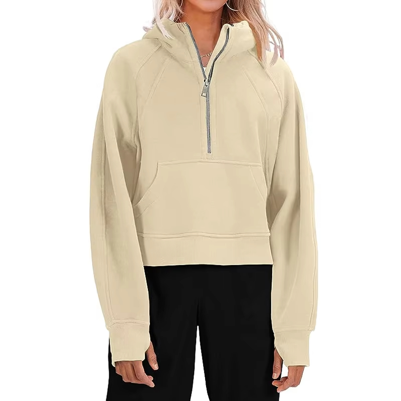 Custom Womens Hooded Pullover Sweatshirts Half Zipper Crop Hoodie Fleece Lined Collar Zip Up Hoodies Cropped Long Sleeve Tops Pricelist, Exporter