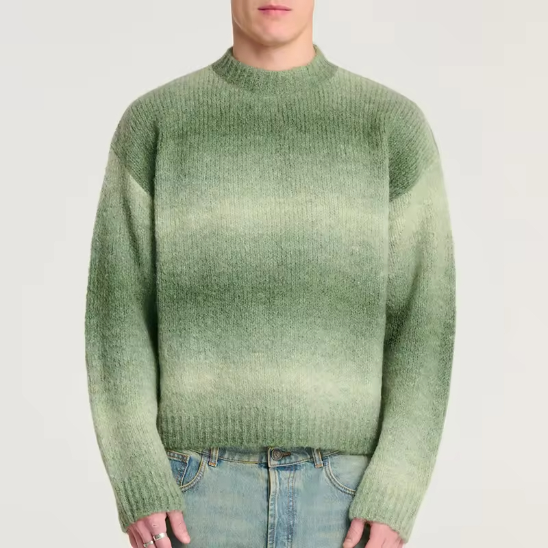Wholesale Custom LOGO Mohair Sweater Men Long Sleeve Crew Neck Pullover Stripe Knitwear Winter Fuzzy Casual Jumper Mohair Knitted Sweater Supplier, Service