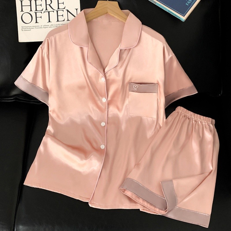 OEM Women's Pajama Sets Ice Silk Short Sleeve And Shorts Solid Color Sweet Temperament Home Clothing Set Pricelist, Exporter