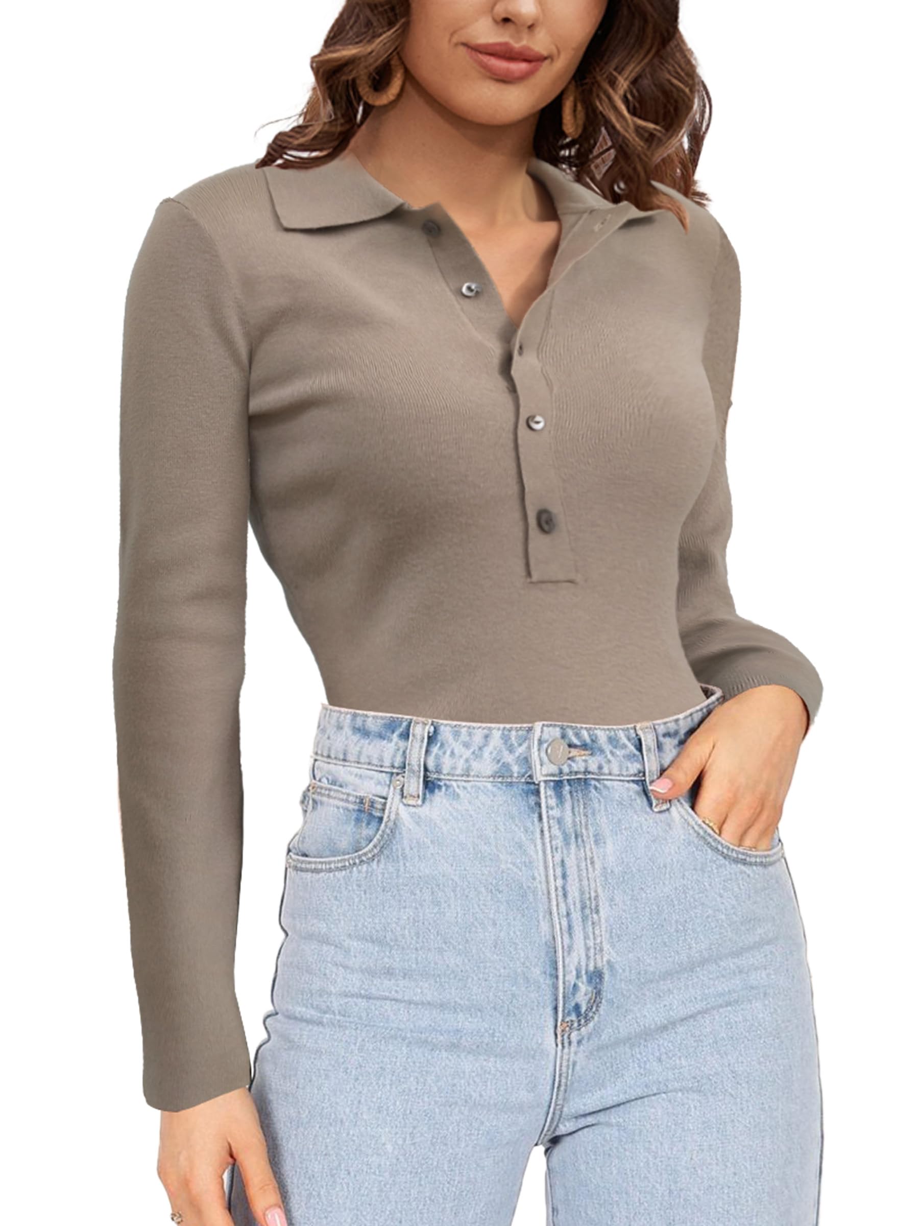 OEM Women's Long-Sleeved Knit Sweater Spring Fashion V-Neck Button Polo Knit Slim-Fit Knit Basic Top Manufacturer, Products