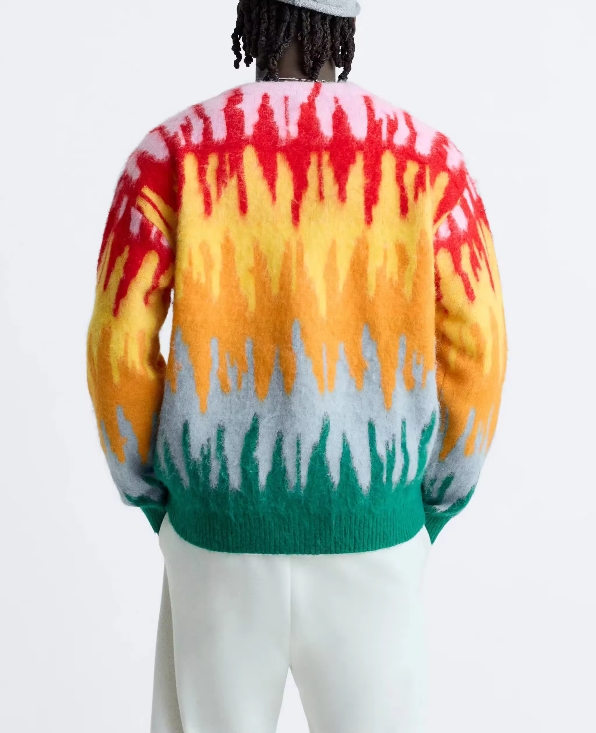 Famous Wholesale Custom Men's Sweater with Oversized V-Neck, Buttoned Long Sleeves, Contrast Color Faux Fur Trim, Mohair Knit Cardigan Factories, Company